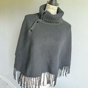 Aqua 100% Wool Black Turtleneck Fringe Sweater Cape One Size Poncho Shrug